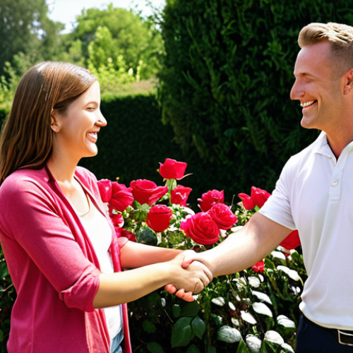 Home 4 **
A landscaper smiling and shaking hands with a satisfied female client in her newly completed rose garden. The garden is lush and vibrant, with a variety of roses in full bloom. Focus on a feeling of trust and collaboration.
**