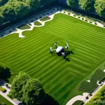 조경 기술과 드론 활용 사례 - **Prompt:** A sleek, modern drone with multiple rotors hovers gracefully above a meticulously design...