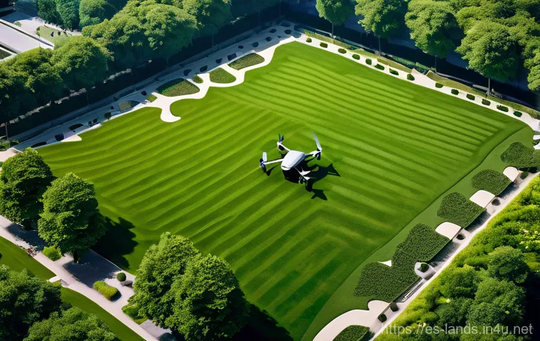 조경 기술과 드론 활용 사례 - **Prompt:** A sleek, modern drone with multiple rotors hovers gracefully above a meticulously design...