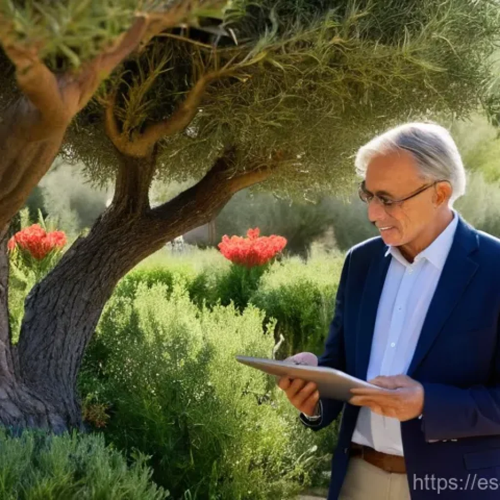 조경 전문가로 성장하기 위한 멘토 찾기 - **"A serene and inspiring scene in a vibrant Mediterranean garden in Spain. An experienced, distingu...